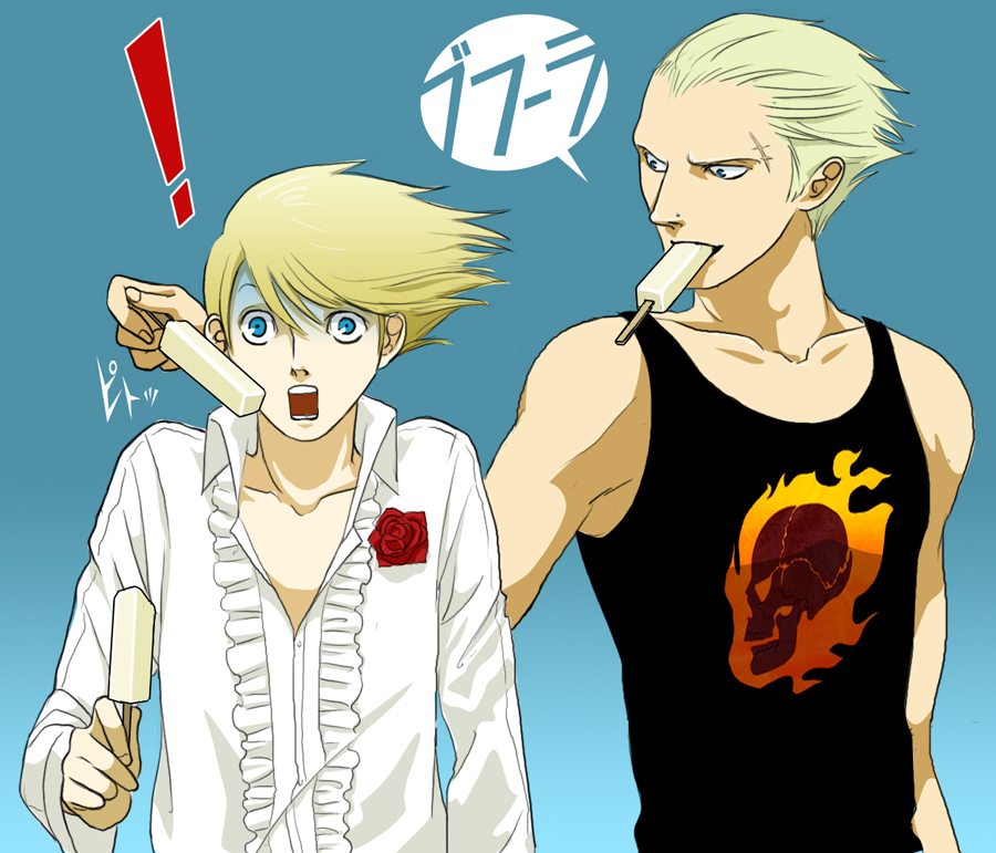 :o, blonde_hair, blue_eyes, gb_(doubleleaf), genmaipudding, kuma_(persona_4), multiple_boys, muscle