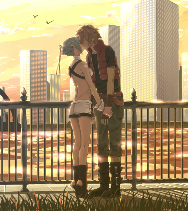 1girl, amata_sora, aqua_hair, aquarion_(series), aquarion_evol, bird, boots, city