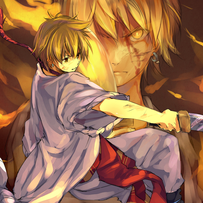 ali_baba_saluja, blonde_hair, blood, dagger, earrings, fire, jewelry, magi_the_labyrinth_of_magic