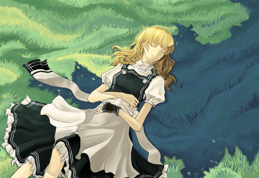 1girl, apron, blonde_hair, cilo, closed_eyes, eyes_closed, gloves, grass