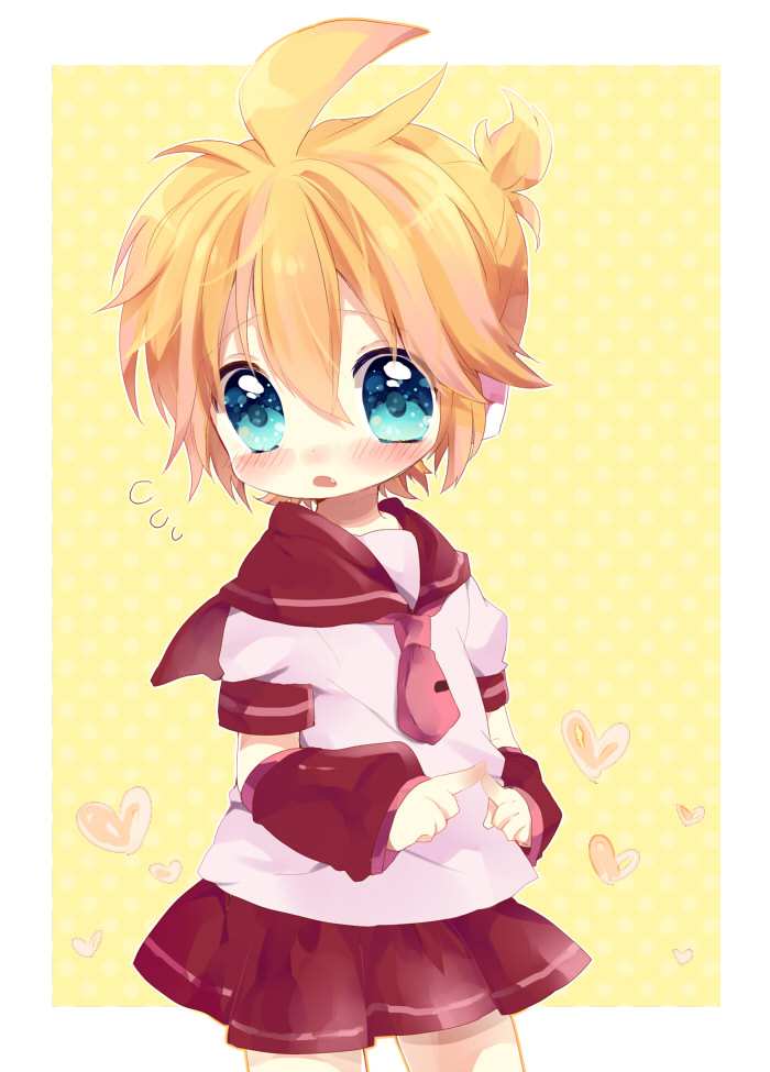 ahoge, bad_id, blonde_hair, blue_eyes, blush, boy, child, crossdressing
