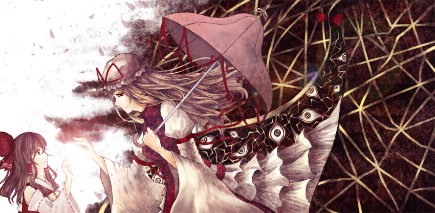 blonde_hair, brown_hair, cilo, detached_sleeves, dress, hair_ornament, hair_ribbon, hair_tubes