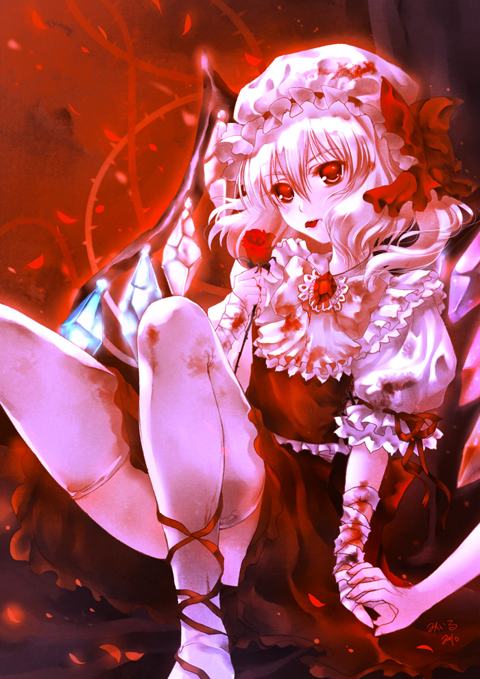 ascot, bad_id, bandage, bandages, blood, brooch, flandre_scarlet, flower, hand_holding, holding_hands, injury, jewelry, miiru, mouth_hold, petals, red_eyes, red_rose, rose, short_hair, side_ponytail, sitting, solo, the_embodiment_of_scarlet_devil, thigh-highs, thighhighs, thorns, touhou, white_legwear, wings