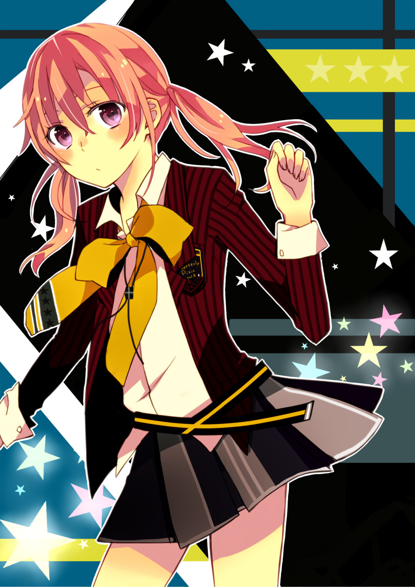 bow, chuckya, highres, original, pink_hair, pleated_skirt, purple_eyes, school_uniform, skirt, star, striped, violet_eyes