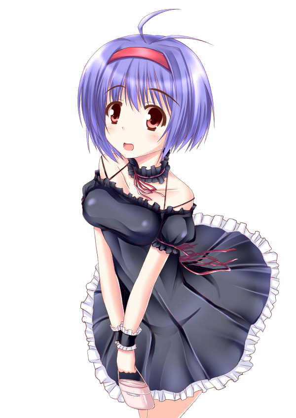 bag, bare_shoulders, blue_hair, dress, hairband, imouto_recipe, purse, red_eyes, short_hair, ukai_honoka