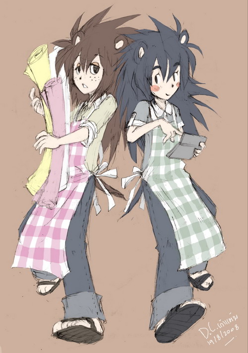 2girls, animal_crossing, animal_ears, apron, blue_hair, blush, blush_stickers, brown_hair, freckles, long_hair, mabel_able, multiple_girls, nintendo, nintendo_ds, personification, sable_able, sandals, siblings, sisters, spiked_hair