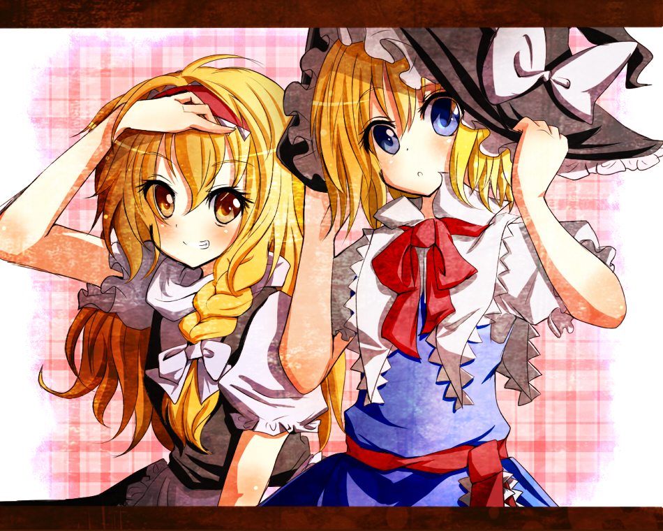 alice_margatroid, arms_up, black_dress, blonde_hair, blue_dress, blue_eyes, blush, bow