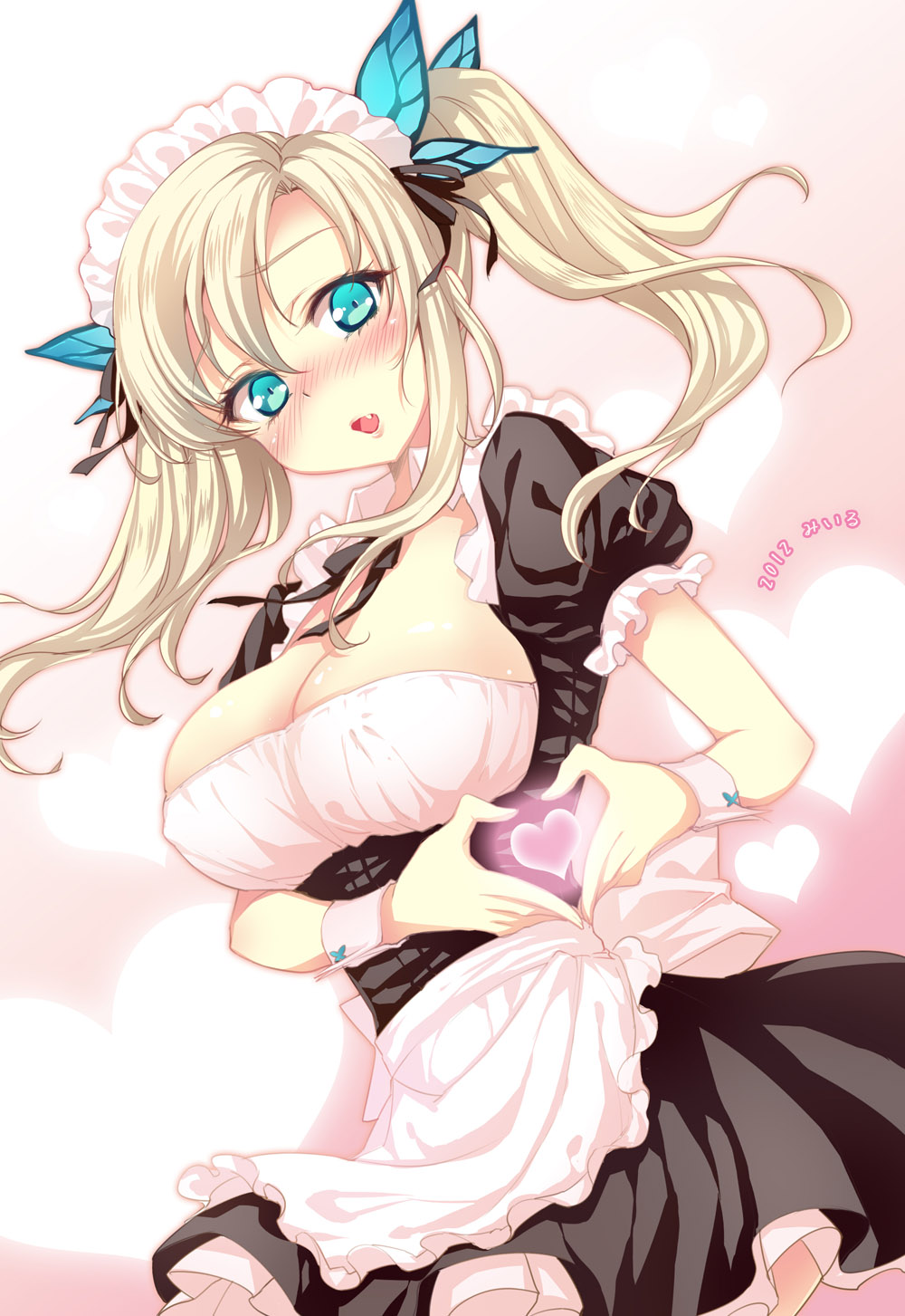 boku_wa_tomodachi_ga_sukunai, breasts, butterfly_hair_ornament, fang, hair_ornament, heart, highres, kashiwazaki_sena, large_breasts, maid_headdress, miiru, moe_moe_kyun!, wrist_cuffs