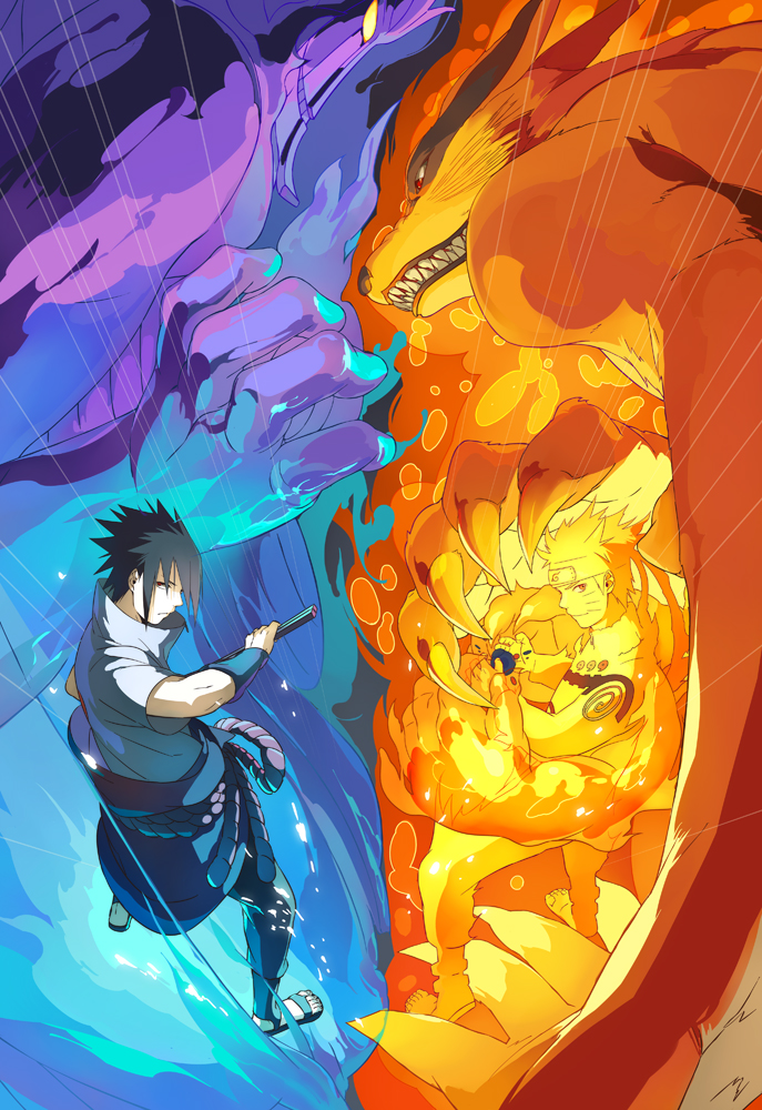 black_hair, facial_mark, fire, forehead_protector, fox, grin, kyuubi, kyuubi_(naruto)