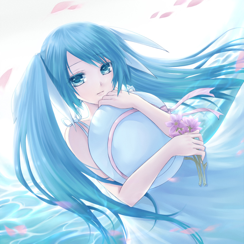 aqua_eyes, aqua_hair, dress, flower, hat, hat_removed, hatsune_miku, headwear_removed