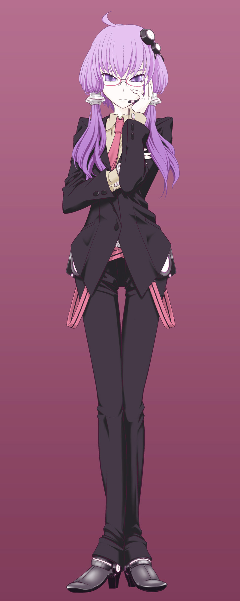 ahoge, belt, formal, hands_on_own_face, headset, highres, long_hair, looking_at_viewer, mdc_honpo, necktie, pants, purple_hair, shoes, solo, suit, twintails, vocaloid, yuzuki_yukari