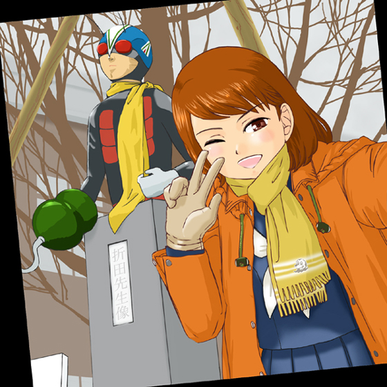 brown_eyes, brown_hair, cosplay, dutch_angle, error_(errorless), female, hook, kamen_rider, kamen_rider_riderman_(series), kamen_rider_v3_(series), open_mouth, orita_hikoichi_(statue), riderman, riderman_(cosplay), scarf, school_uniform, solo, statue, translated, tree, v, wink
