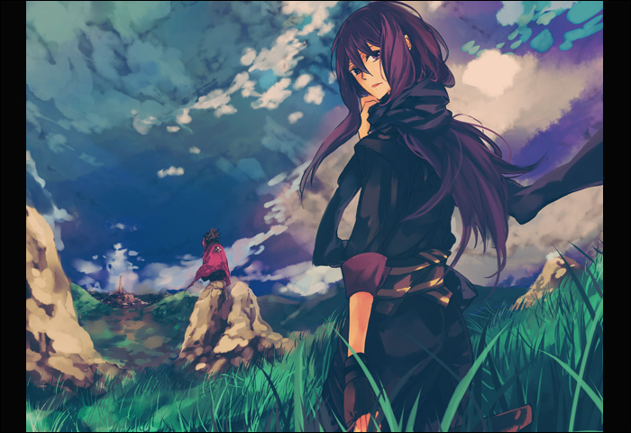 black_hair, cloud, coat, emonak, gloves, grass, long_hair, looking_back
