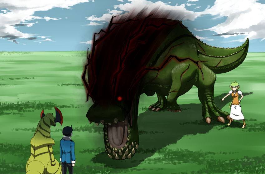 battle, bel_(pokemon), capcom, cheren_(pokemon), crossover, deviljho, erukin_masa, haxorus