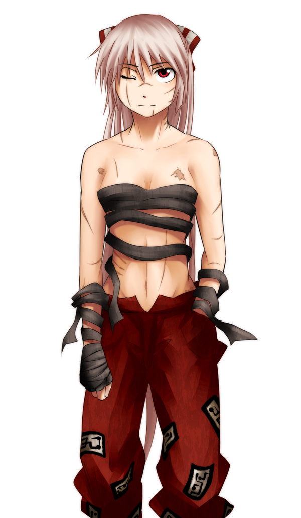 bandage, bandages, bow, fujiwara_no_mokou, hair_bow, hand_in_pocket, injury, makoto_jon, navel, pants, sarashi, scar, simple_background, solo, topless, touhou, white_background, wink