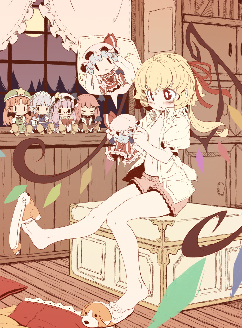:<, absurdres, animal_slippers, barefoot, bat_wings, blonde_hair, bloomers, blue_hair, blush, book, box, braid, character_doll, cheek_pull, chest, child, closed_eyes, container, crescent, curtains, dog_slippers, dress_shirt, eyes_closed, feet, flandre_scarlet, flat_chest, flat_color, forest, full_moon, glasses, hair_ribbon, hat, hat_ribbon, head_wings, highres, hong_meiling, izayoi_sakuya, koakuma, long_hair, midriff, moon, nature, navel, night, no_pants, open_clothes, open_mouth, open_shirt, patchouli_knowledge, pointy_ears, purple_hair, red_eyes, red_hair, remilia_scarlet, ribbon, shirt, shoe_dangle, short_hair, side_ponytail, silver_hair, single_shoe, sitting, sitting_on_object, skirt, skirt_set, sky, slippers, solo, star, takahero, the_embodiment_of_scarlet_devil, touhou, twin_braids, vest, window, wings, |_|