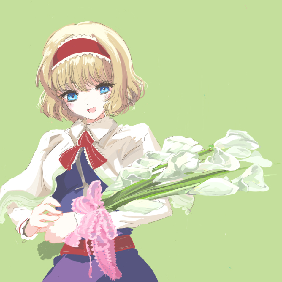 alice_margatroid, blonde_hair, blue_eyes, bouquet, capelet, dress, flower, hairband