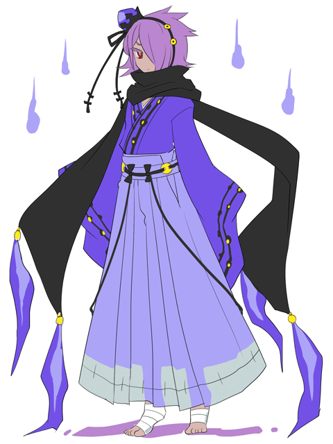1boy, artist_request, bandage, barefoot, chandelure, costume, dark_skin, fire, flame, gijinka, hair_over_one_eye, japanese_clothes, male, moemon, personification, pokemon, pokemon_(game), pokemon_black_and_white, pokemon_bw, purple_hair, red_eyes, scarf, short_hair, simple_background, solo, will-o-wisp