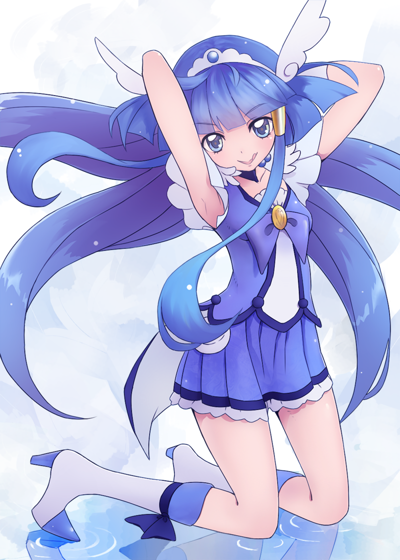 :p, aoki_reika, arms_up, bike_shorts, blue_dress, blue_eyes, blue_hair, boots