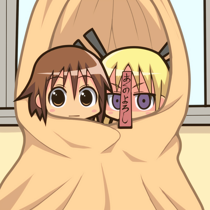 blonde_hair, blush_stickers, brown_eyes, brown_hair, hair_ribbon, kill_me_baby, monsterheart, multiple_girls