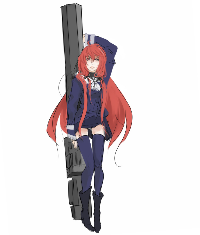 ahoge, boots, cannon, chibibro, cross, drawfag, gunner's_broom, gunner's_broom, hair_ribbon, highres, himuro_akari, huge_weapon, long_hair, miniskirt, night_wizard, panties, pantyshot, payot, red_eyes, red_hair, redhead, ribbon, skirt, solo, thigh-highs, thighhighs, underwear, very_long_hair, weapon, white_panties, zettai_ryouiki