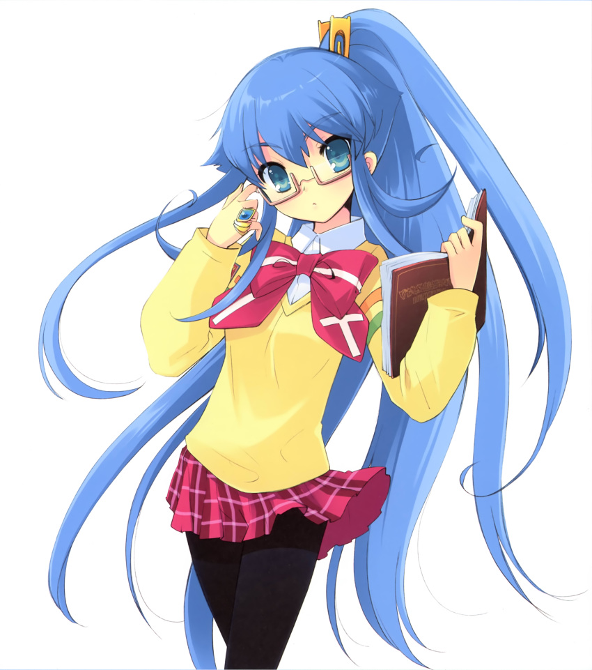 absurdres, adjusting_glasses, black_pantyhose, blue_eyes, blue_hair, blush, book, bow