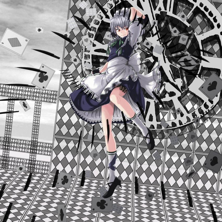 apron, blush, braid, card, clock, fingerless_gloves, gloves, high_heels