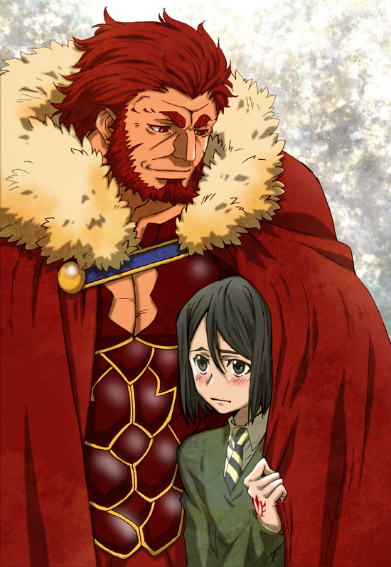 armor, bangs, beard, black_hair, blush, bob_cut, cape, command_spell