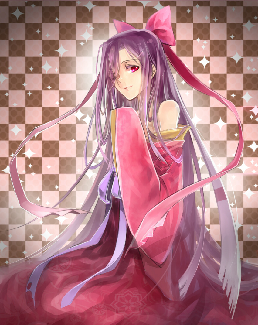 bare_shoulders, bow, checkered, checkered_background, hair_bow, hair_ornament, hair_over_one_eye, hairclip