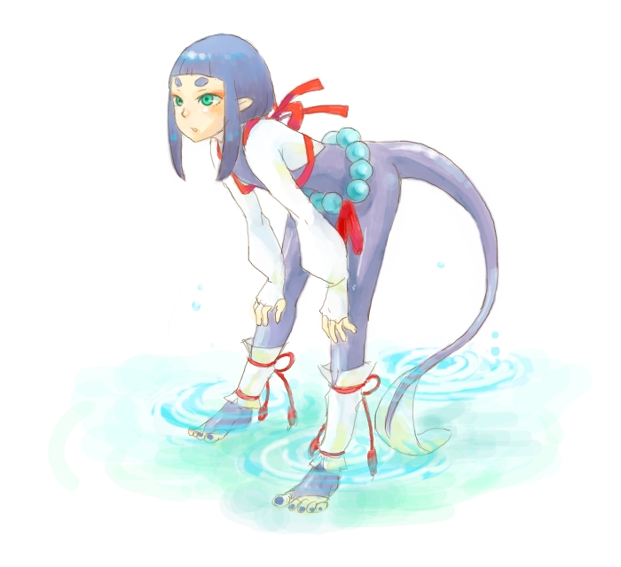 barefoot, bent_over, blue_nails, eyebrows, feet, green_eyes, hands_on_knees, monster_girl, nail_polish, original, payot, shin_guards, standing, tail, thick_eyebrows, toeless_legwear, toeless_socks, toes, water, yukimottan