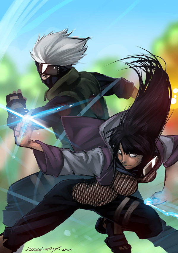 1girl, black_hair, fishnets, forehead_protector, hatake_kakashi, hinata_hyuuga, hyuuga_hinata, jacket, mike_nesbitt, naruto, naruto_shippuuden, silver_hair, veins