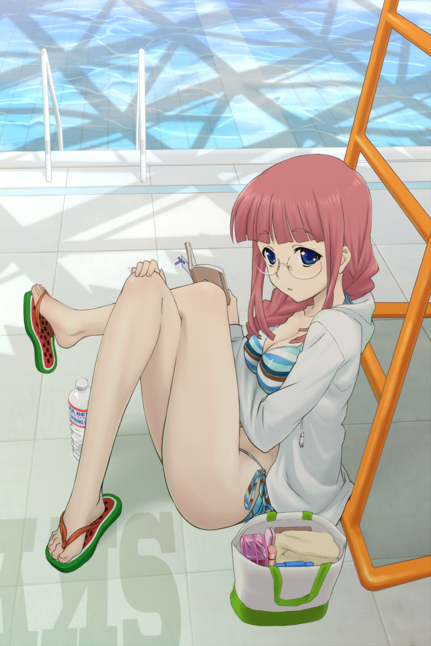 bag, bikini, blue_eyes, book, braid, crossed_legs, feet, glasses