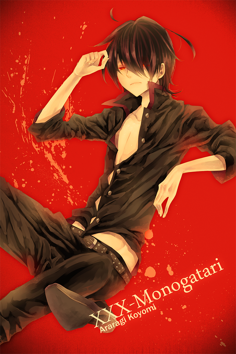 araragi_koyomi, bakemonogatari, black_hair, hair_over_one_eye, highres, male, monogatari_(series), nisemonogatari, open_clothes, open_shirt, ragi_(pluie), red_eyes, school_uniform, short_hair