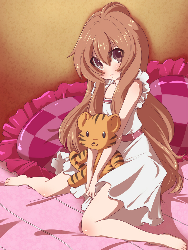 barefoot, brown_eyes, brown_hair, long_hair, nightgown, pillow, spazzy, spazzykoneko, stuffed_animal, stuffed_toy, tiger, toradora!