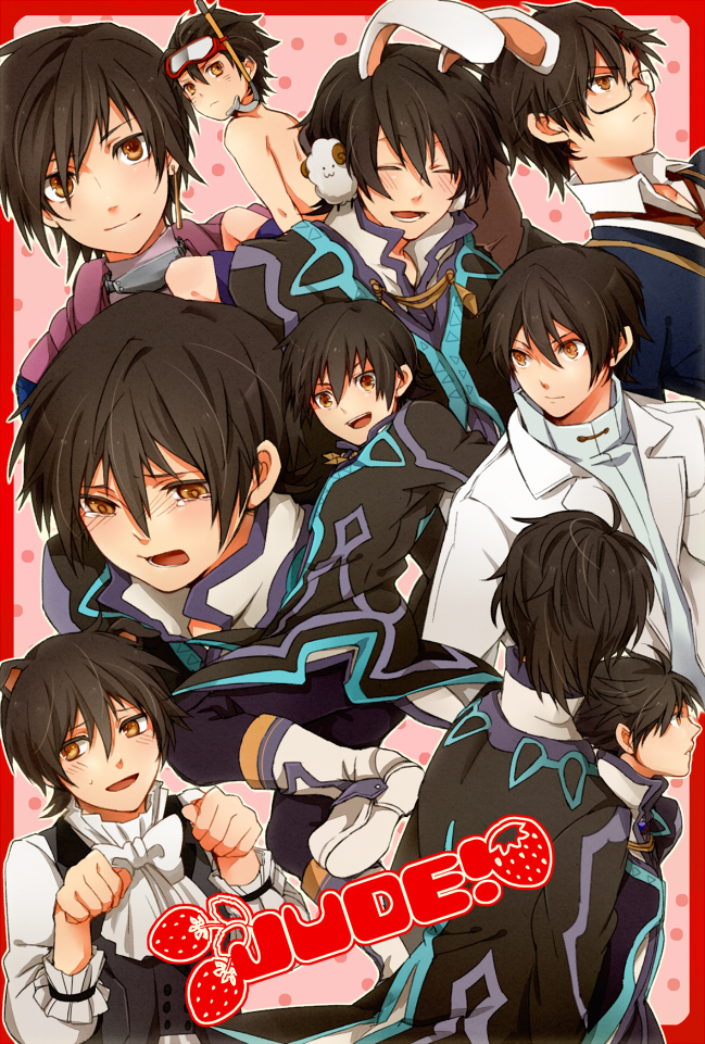 animal_ears, bespectacled, black_hair, blush, boots, bow, bowtie, brown_eyes