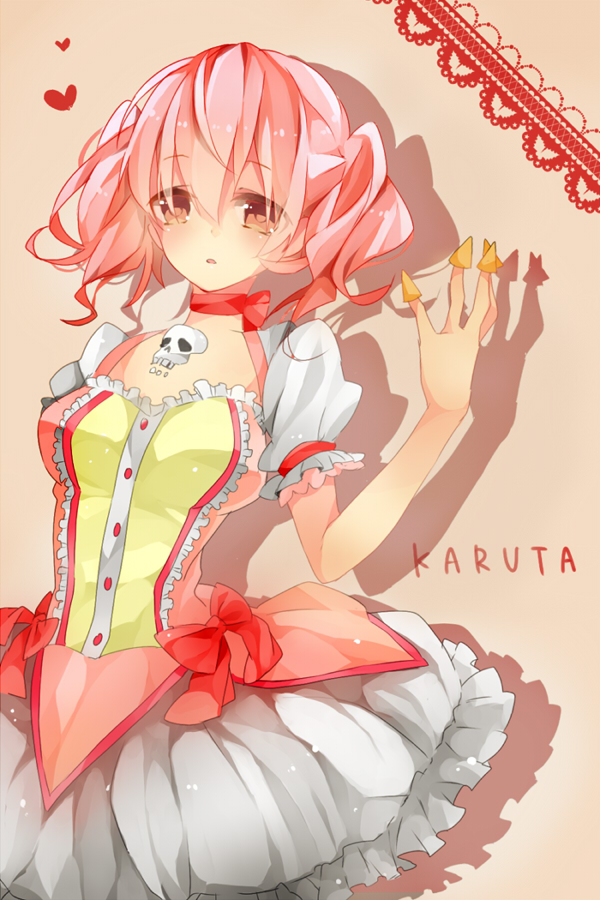 bow, breasts, bubble_skirt, bugles, character_name, choker, cosplay, dress