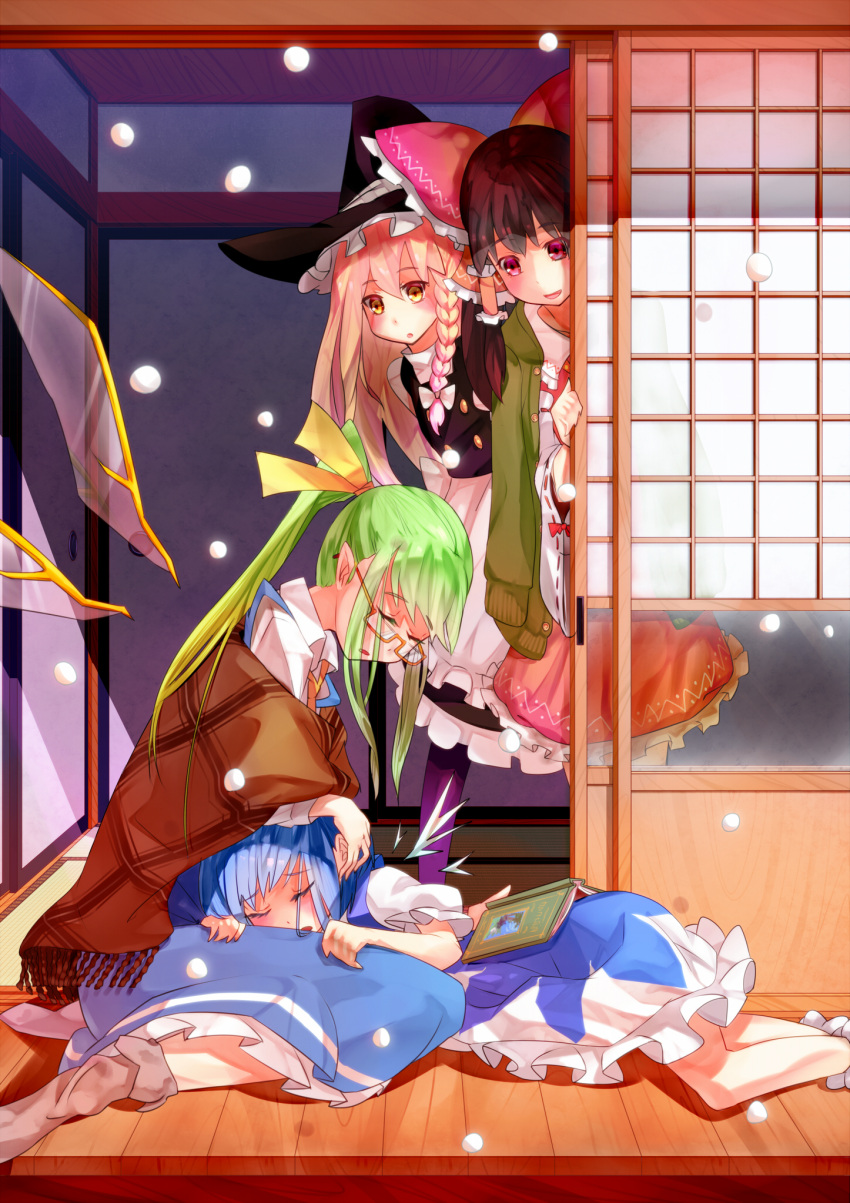 bespectacled, blonde_hair, blue_hair, book, brown_hair, cirno, daiyousei, glasses, green_hair, hakurei_reimu, highres, kirisame_marisa, kokono_(sakaebaka), multiple_girls, sleeping, touhou, wings
