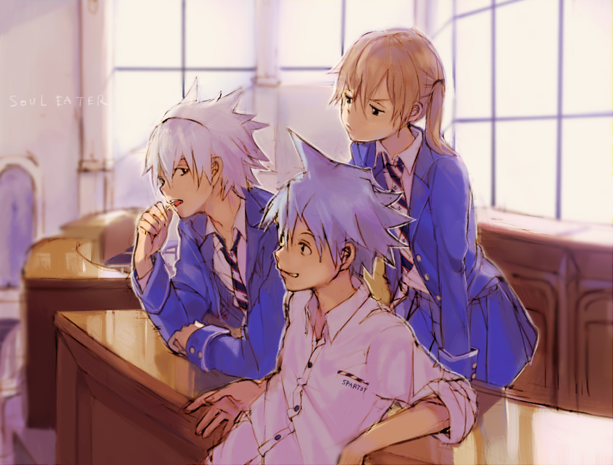 2boys, black_eyes, black_star, blue_hair, blurry, brown_hair, candy, classroom, depth_of_field, dress_shirt, jacket, lollipop, maka_albarn, multiple_boys, necktie, school_uniform, shirt, short_hair, short_twintails, silver_hair, skirt, sleeves_folded_up, soul_eater, soul_eater_(character), sumomo4r, text, title_drop, twintails, window