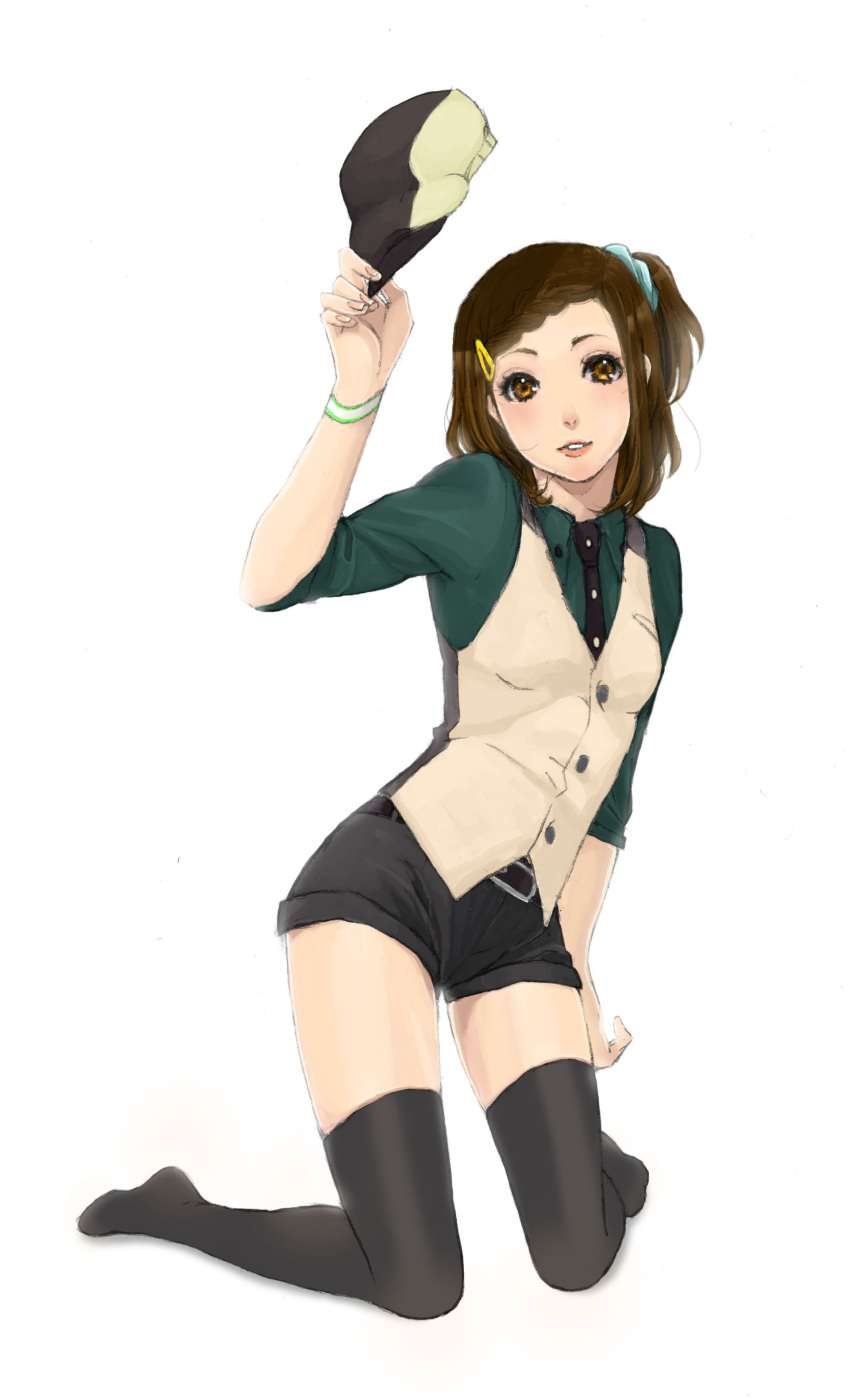 absurdres, black_legwear, braid, brown_eyes, brown_hair, cabbie_hat, cosplay, faux_traditional_media, hair_ornament, hairclip, hat, hat_removed, headwear_removed, highres, kaburagi_kaede, kaburagi_t_kotetsu, kaburagi_t_kotetsu_(cosplay), necktie, no_shoes, one_side_up, short_shorts, shorts, side_ponytail, simple_background, sleeves_rolled_up, solo, thigh-highs, thighhighs, tiger_&amp;_bunny, vest, waistcoat, white_background, yk5112335