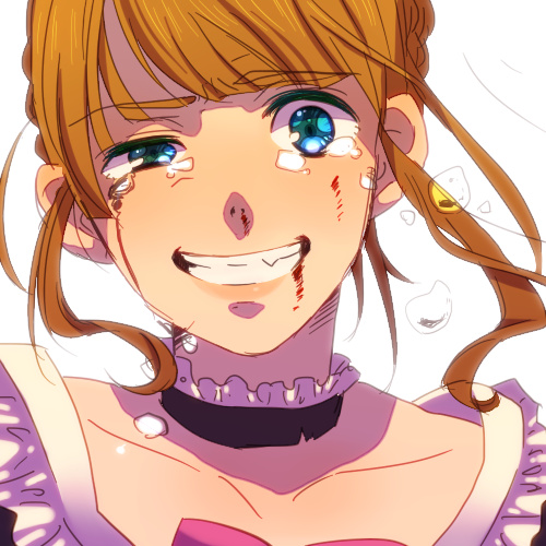 blood, blue_eyes, crazy, crazy_eyes, face, fang, grin, lowres