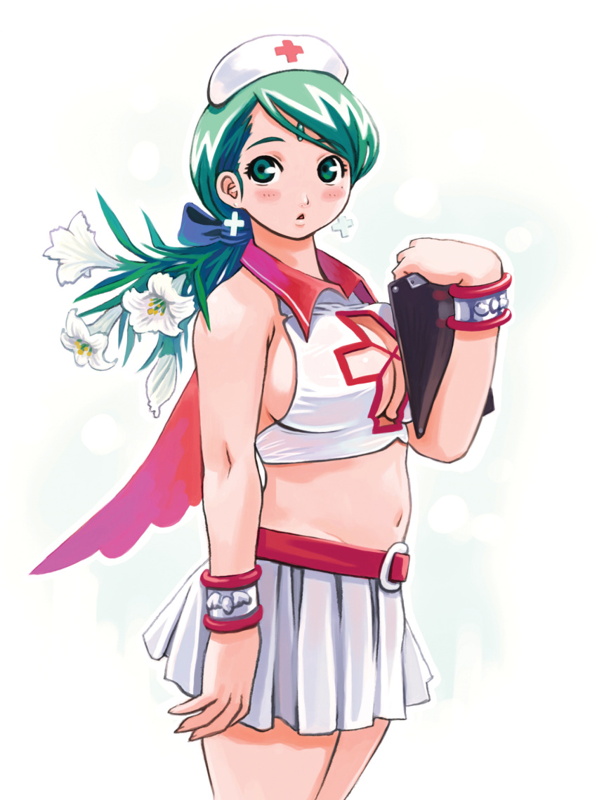 bare_shoulders, belt, breasts, cleavage, collar, cross, flower, forehead_jewel, green_eyes, green_hair, head_dress, headdress, highres, midriff, nomura_ryouji, plump, sideboob, skirt, solo, wings