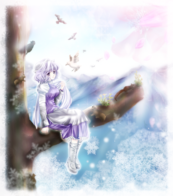 arm_up, bird, blue_sky, boots, border, breasts, cherry_blossoms, cloud
