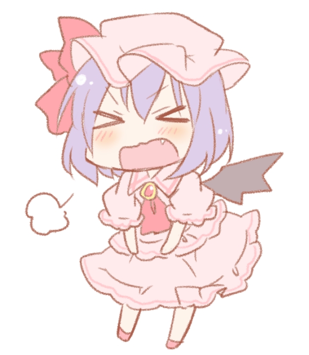 >_<, ascot, bad_id, bat_wings, blue_hair, blush, brooch, chibi