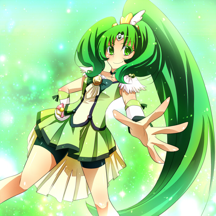 bike_shorts, bow, bowtie, choker, colored_eyelashes, cure_march, dress, green