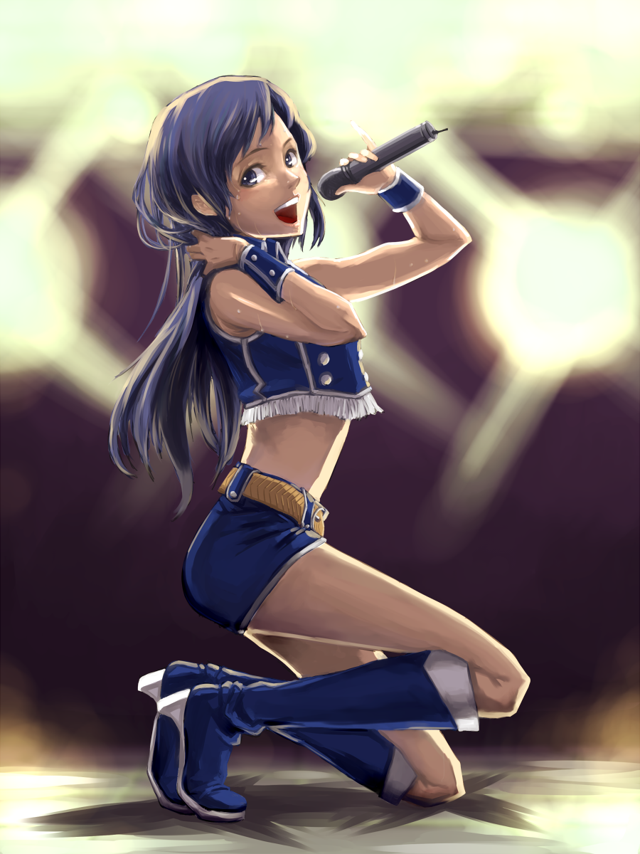 belt, blue_eyes, blue_hair, boots, highres, idol, idolmaster, kisaragi_chihaya, long_hair, looking_at_viewer, microphone, navel, open_mouth, ramii, skirt, smile, solo