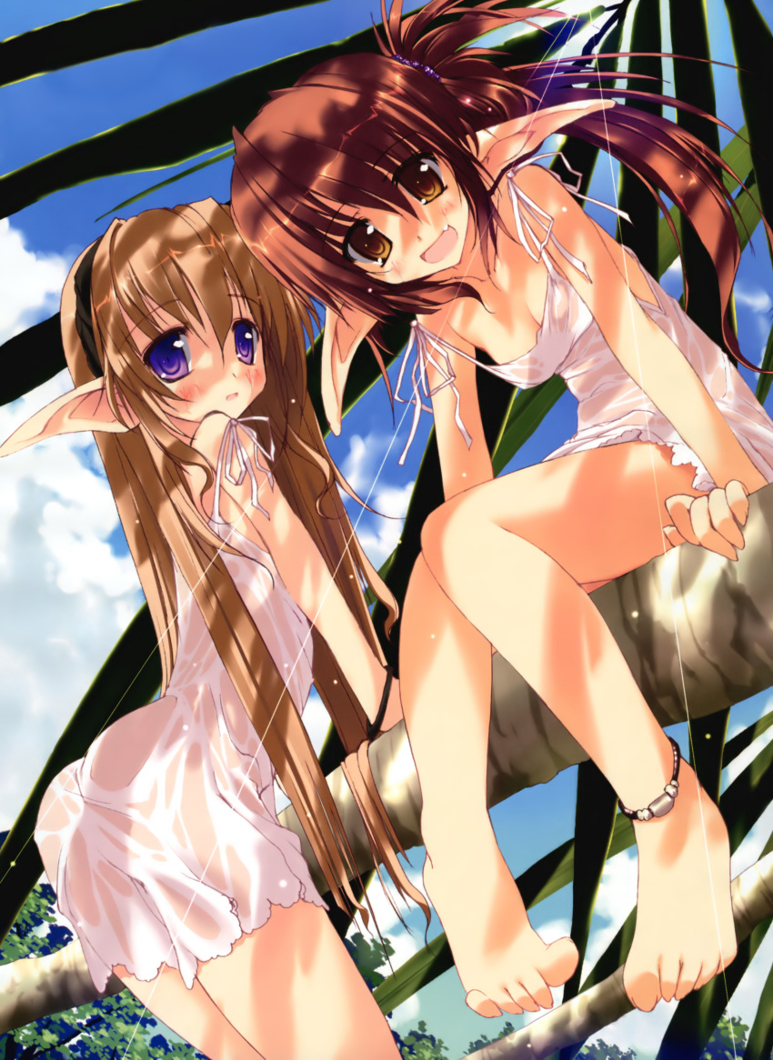 :d, absurdres, anklet, arched_back, arm_support, bare_shoulders, barefoot, blonde_hair