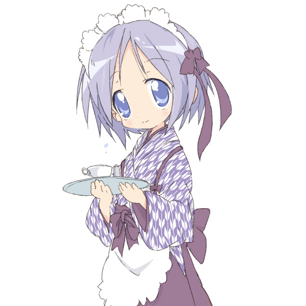 1girl, alternate_costume, bad_id, bashamichi, blue_eyes, blush, core_(mayomayo), cup, enmaided, hair_ribbon, hiiragi_tsukasa, japanese_clothes, kimono, lucky_star, maid, purple_hair, ribbon, short_hair, tray, waitress, yagasuri