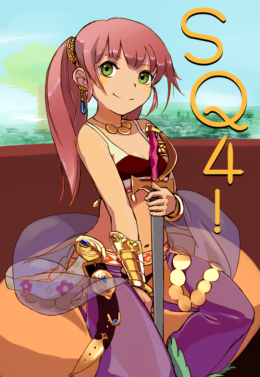 dancer_(sekaiju), earrings, green_eyes, highres, jewelry, midriff, navel, pink_hair