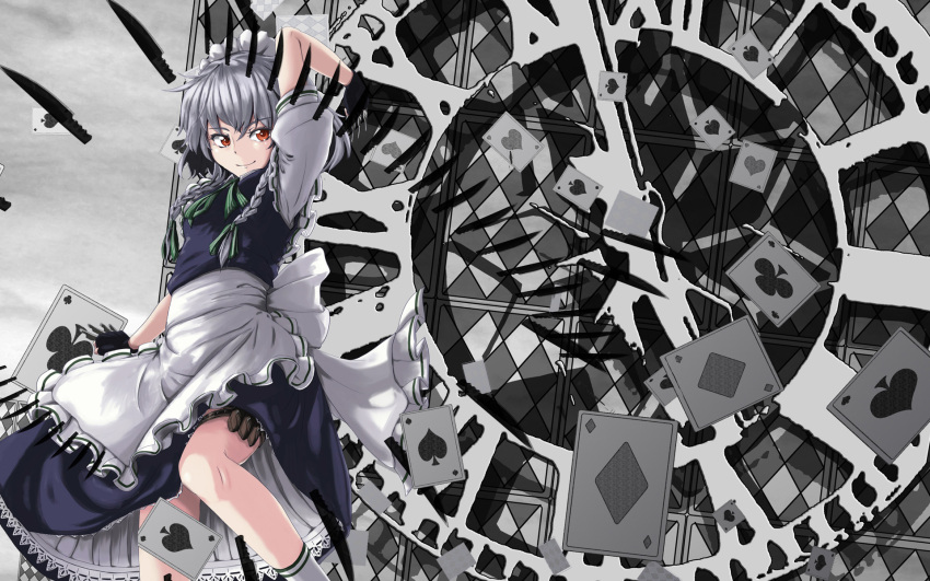apron, braid, card, checkered, highres, izayoi_sakuya, knife, m134