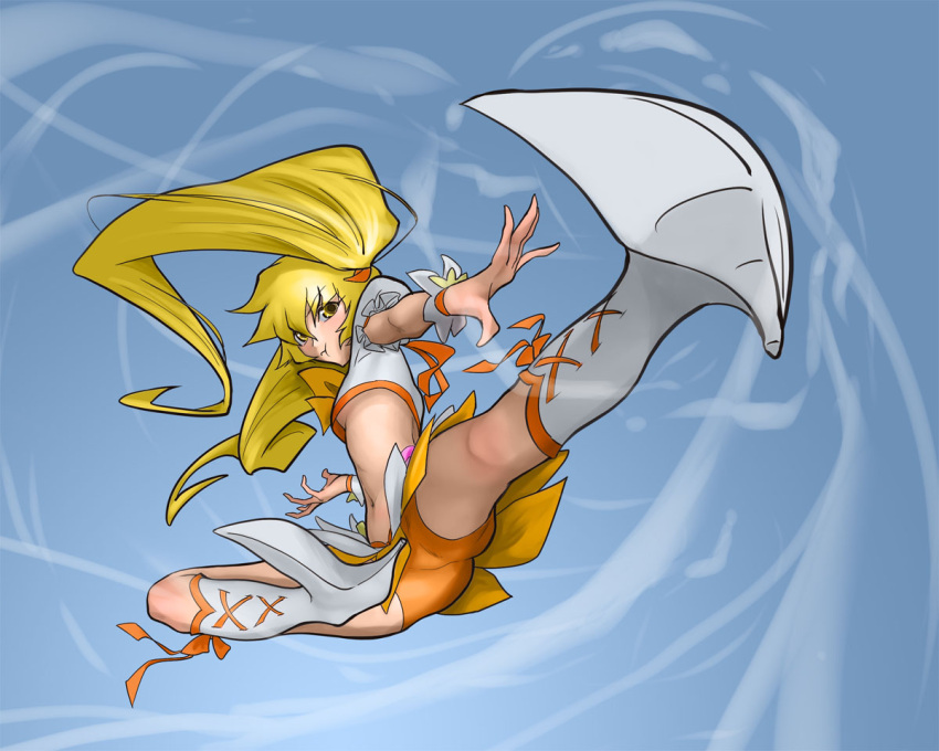 1girl, bike_shorts, blonde_hair, blue_background, cure_sunshine, hair_ribbon, kicking, long_hair